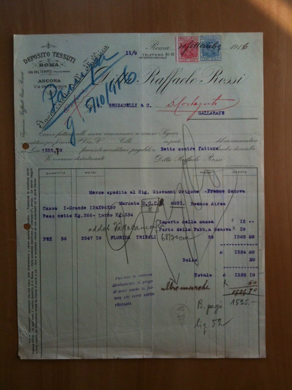 Lettera Commerciale Ditta Raffaele Rossi Tessuti Roma 1916