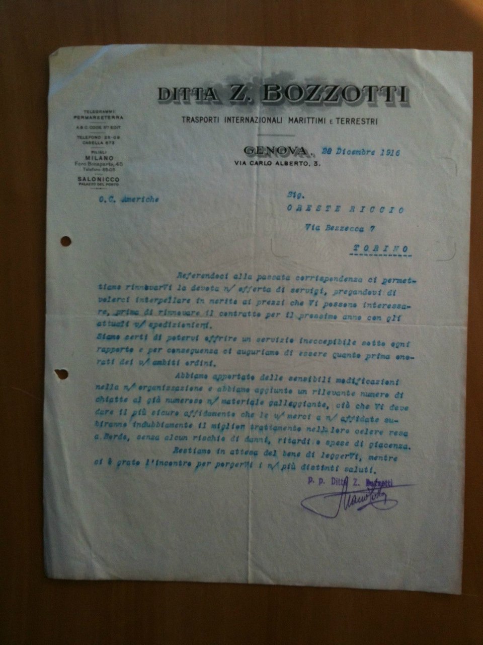 Lettera Commerciale Ditta Z. Bozzotti trasporti internazionali Genova 1916