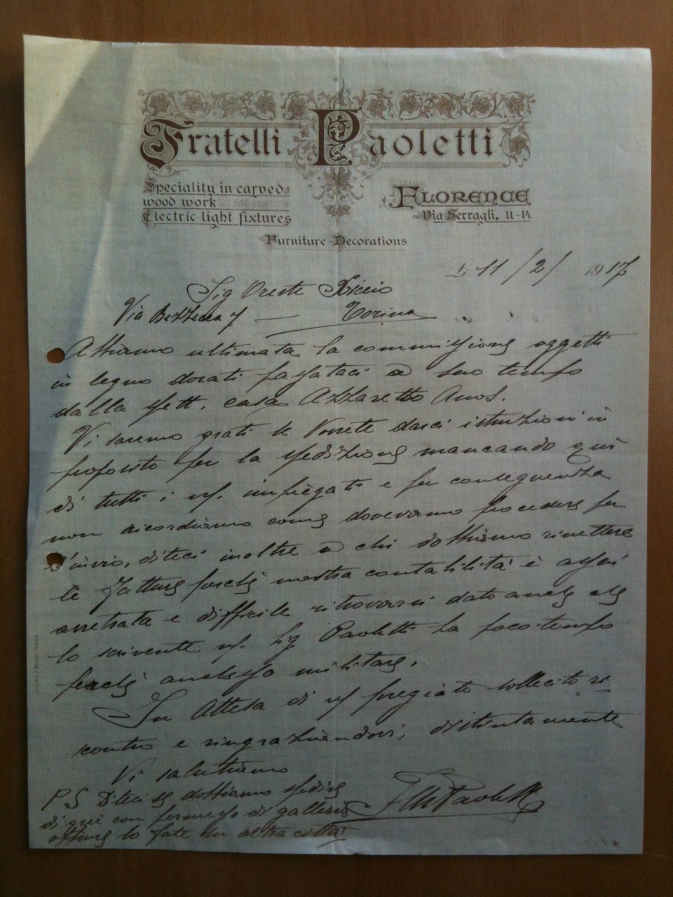 Lettera Commerciale F.lli Paoletti Firenze 1917