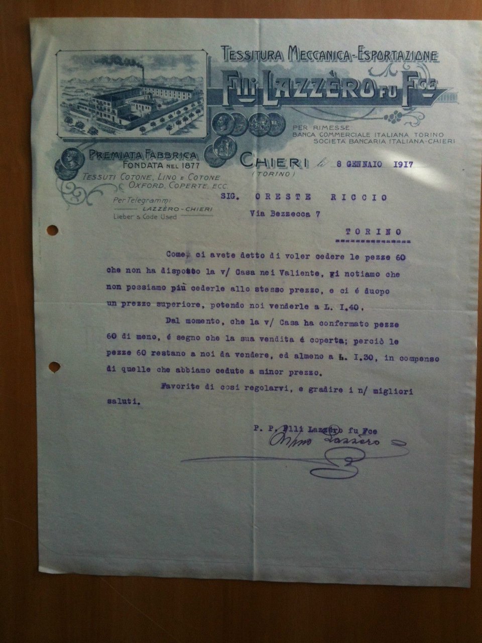 Lettera Commerciale Fratelli Lazzero Fù F.ce Chieri Torino 1917