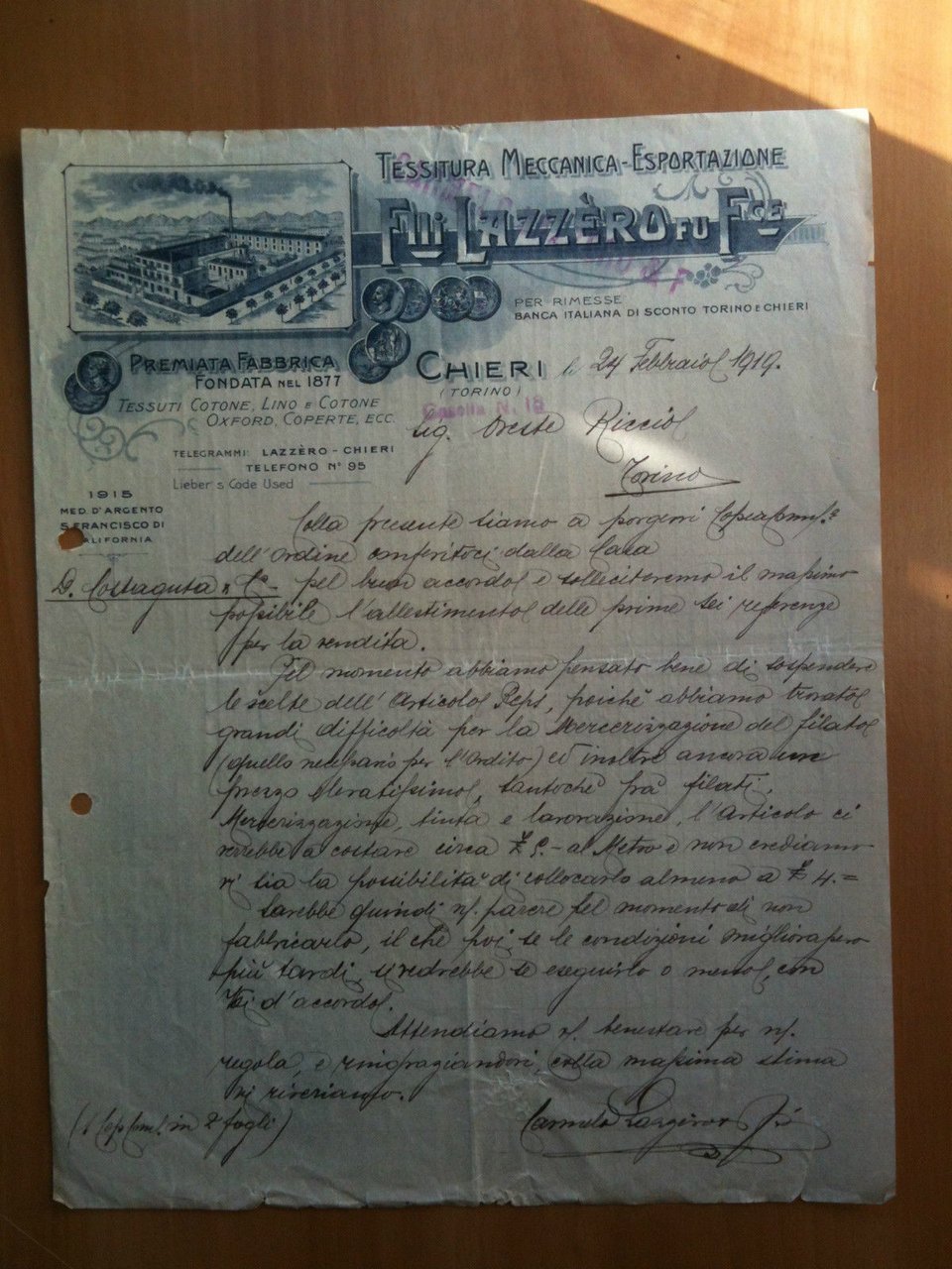 Lettera Commerciale Fratelli Lazzero Fù F.ce Chieri Torino 1919 | Immagine principale