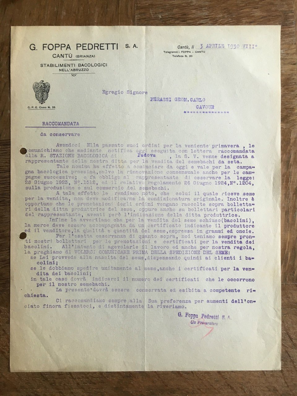 Lettera Commerciale G. Foppa Pedretti Cantù 1930 - E21960 | Immagine principale