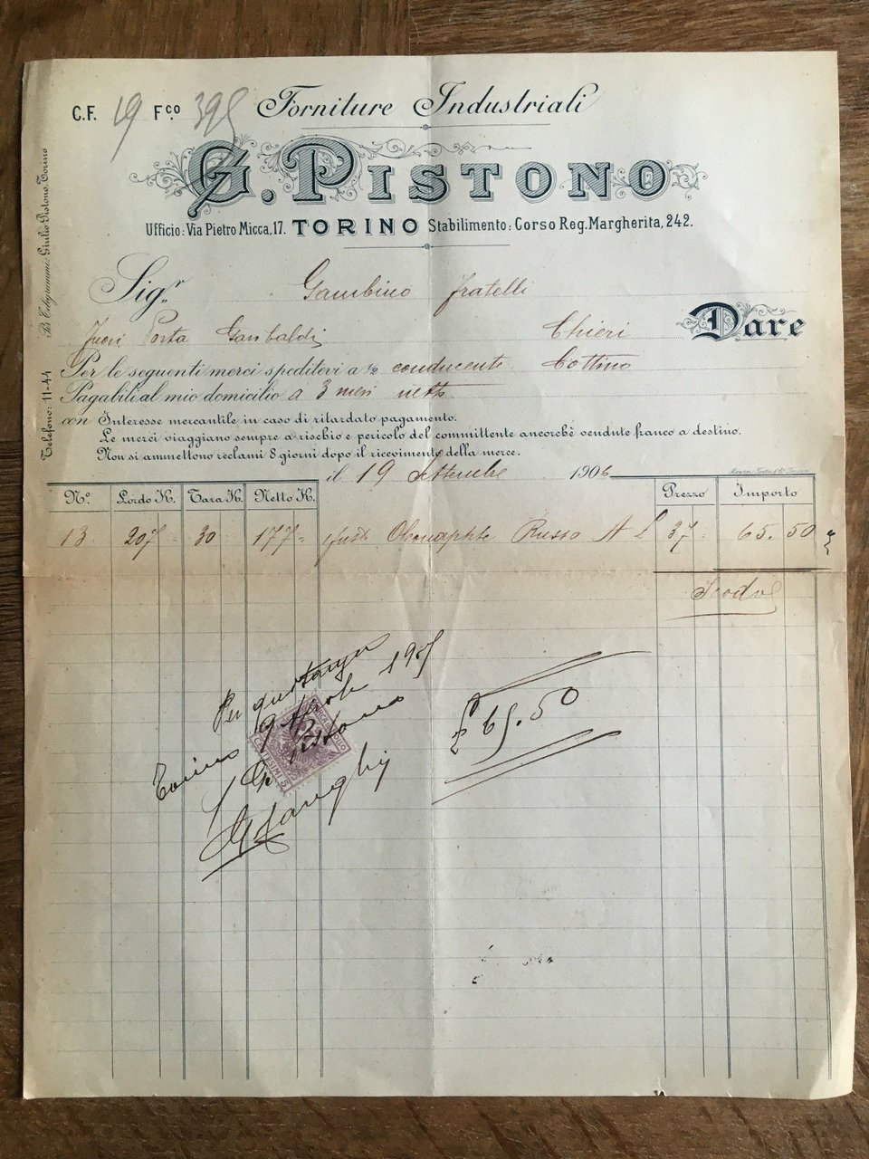 Lettera Commerciale G. Pistono Torino 1906 - E21937