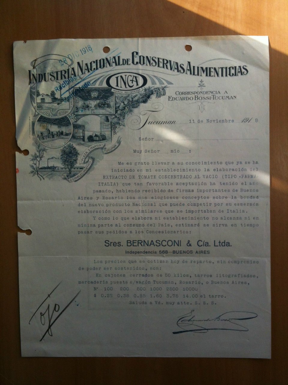 Lettera Commerciale Industria Nacional de Conservas Alimenticias Tucuman 1918