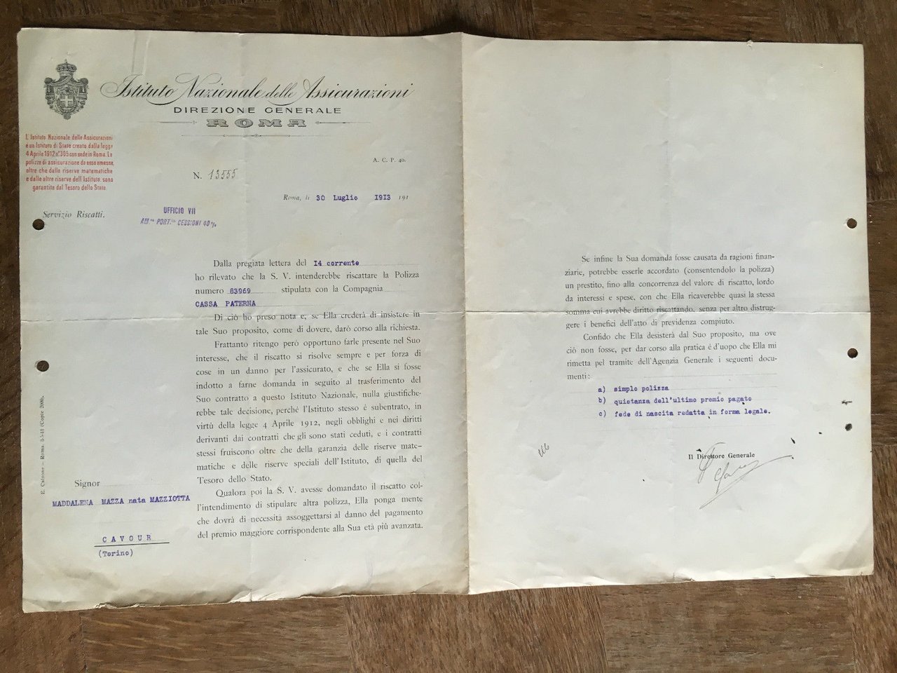 Lettera Commerciale Istituto Nazionale delle Assicurazioni Roma TO 1913 - …