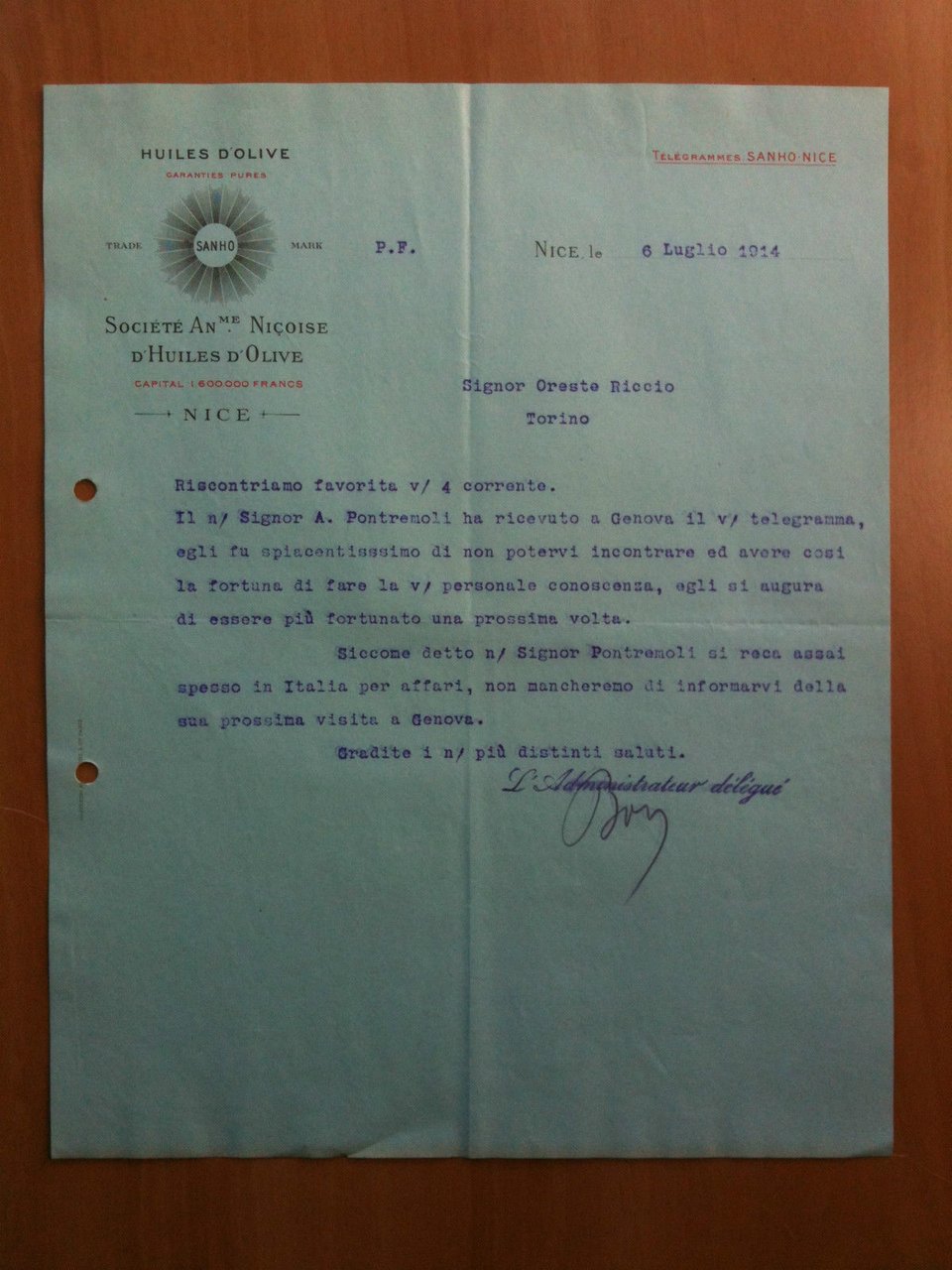 Lettera Commerciale/Lettre Commerciale Sanho Huiles d'Olive Nice 1914