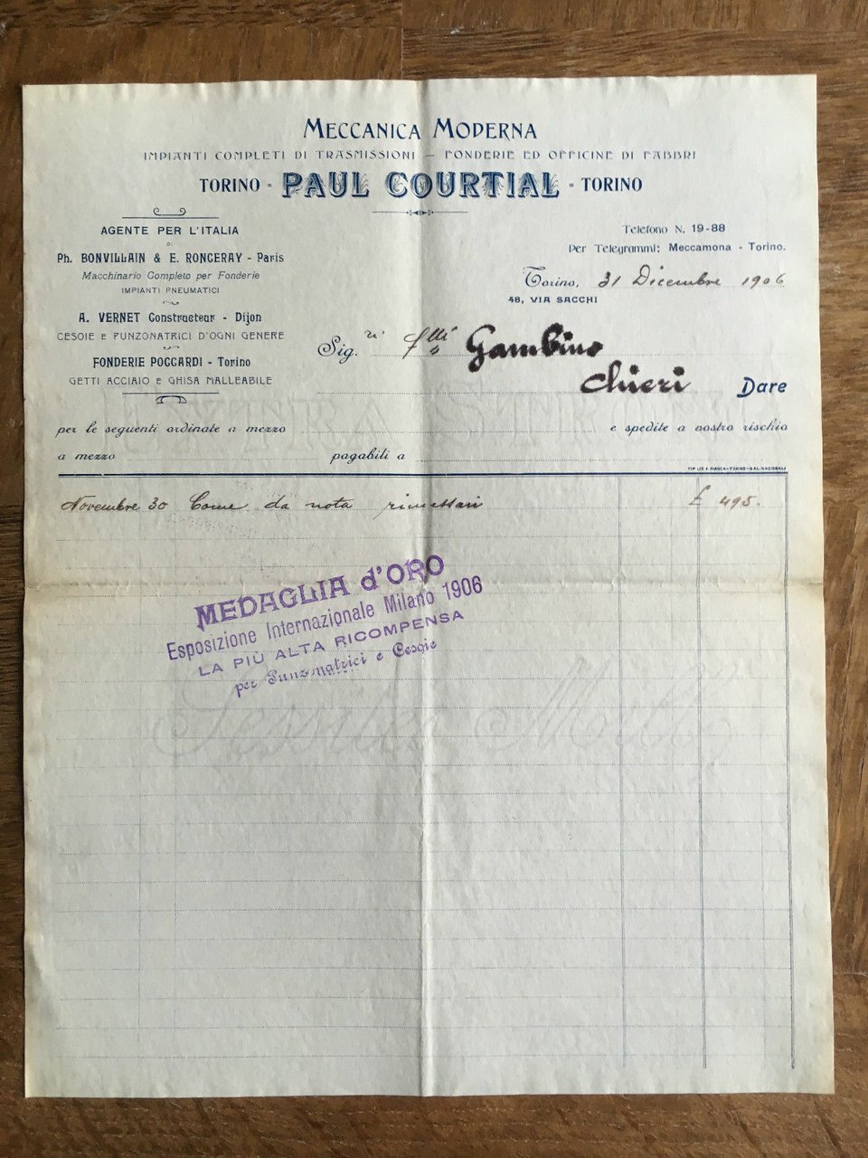 Lettera Commerciale Paul Courtial Torino 1906 - E21944