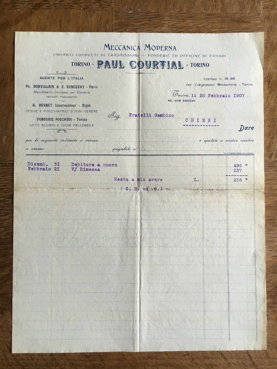Lettera Commerciale Paul Courtial Torino 1907 - E21943