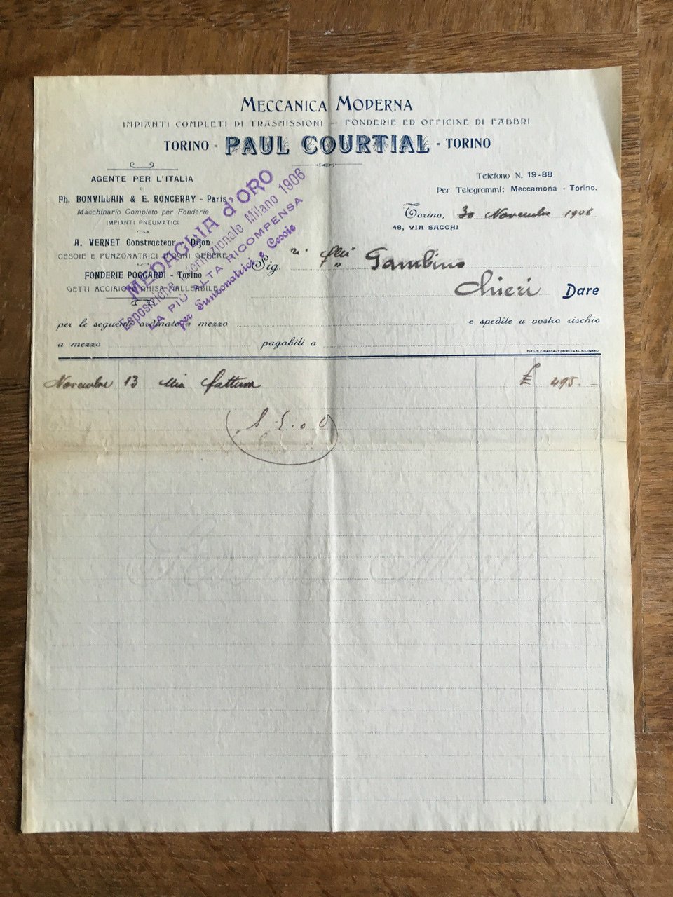 Lettera Commerciale Paul Courtial Torino inizi '900 - E21942