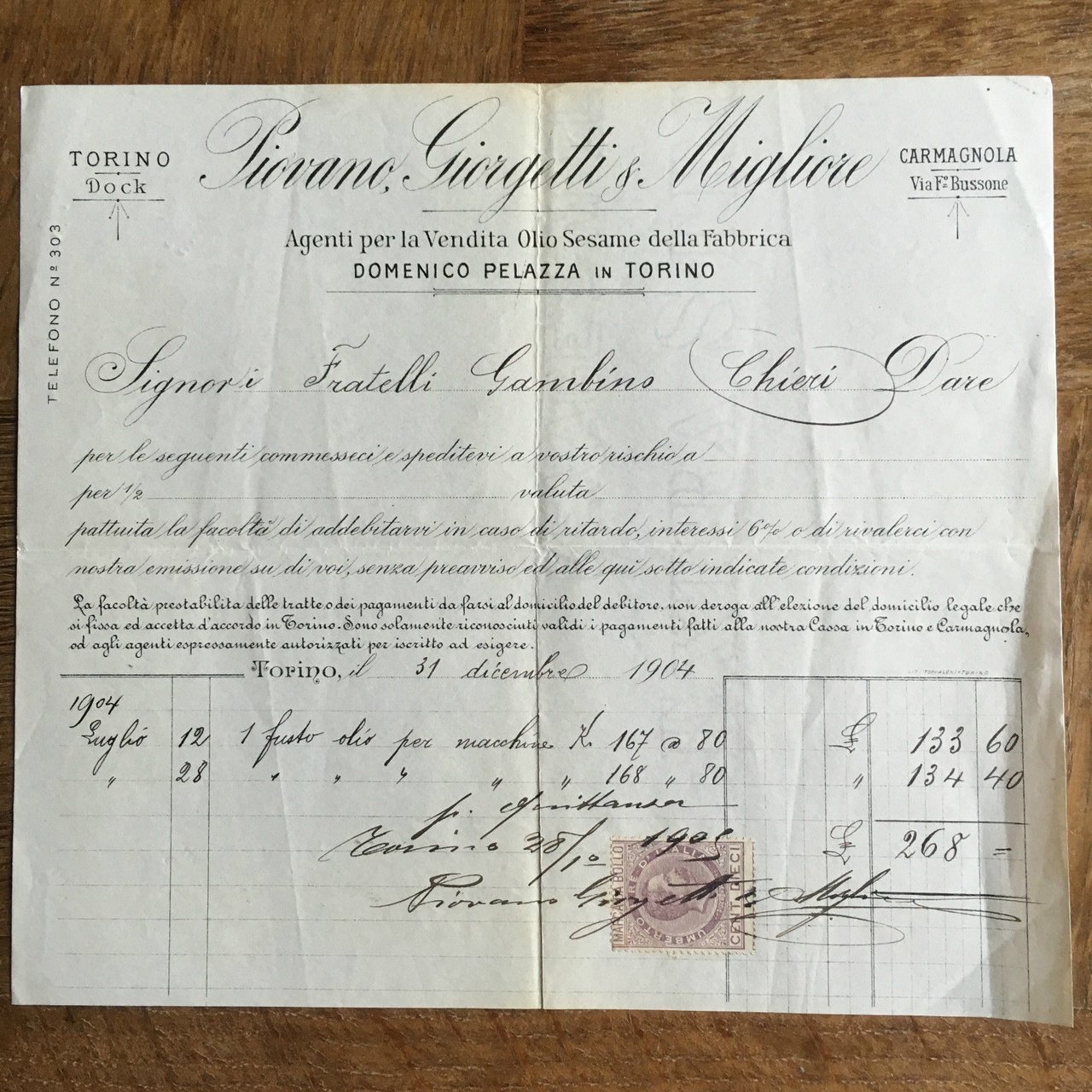Lettera Commerciale Piovani Giorgetti &amp; Migliore Torino Carmagnola 1904 - …