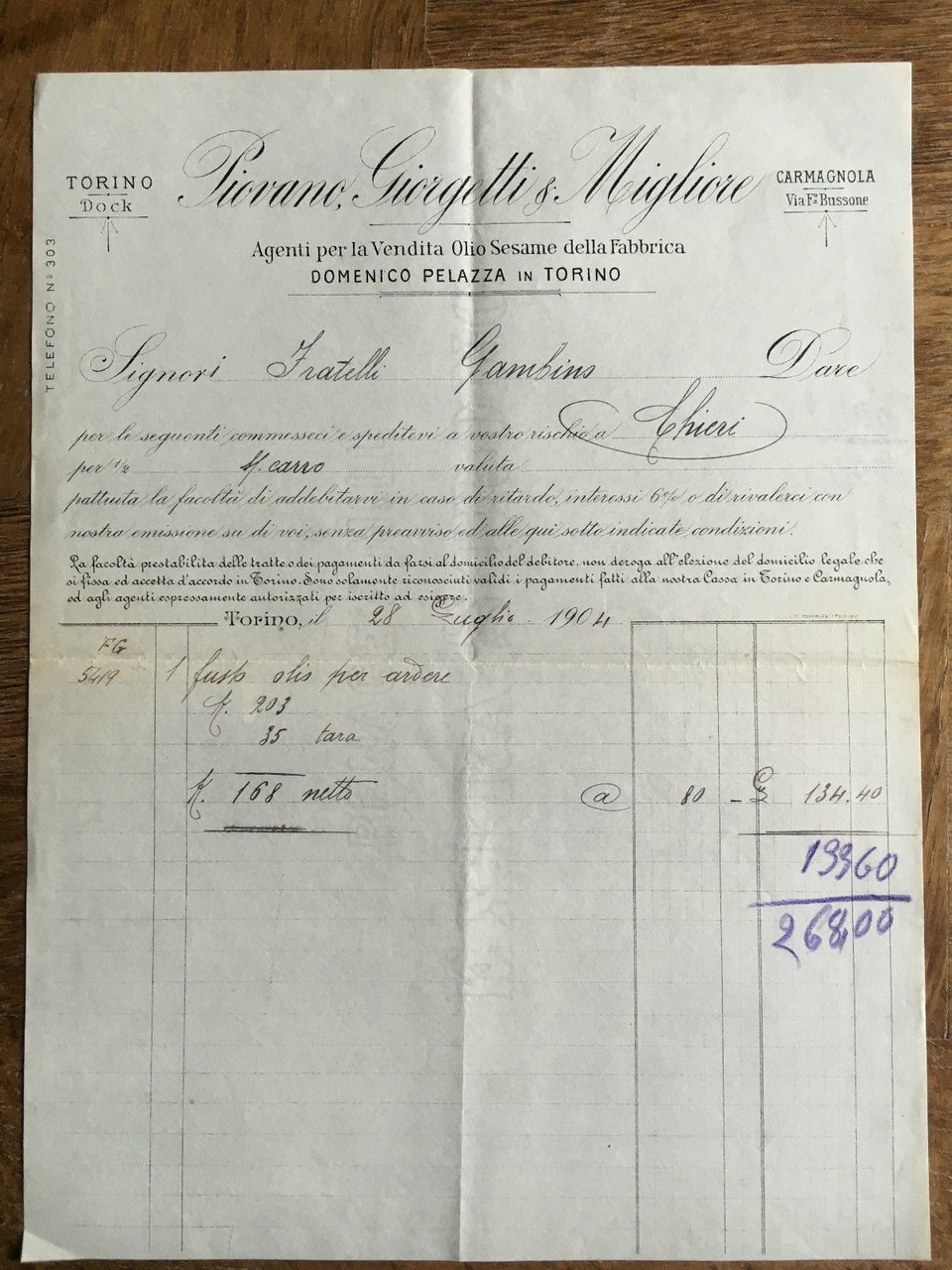 Lettera Commerciale Piovani Giorgetti &amp; Migliore Torino Carmagnola 1904 - … | Immagine principale