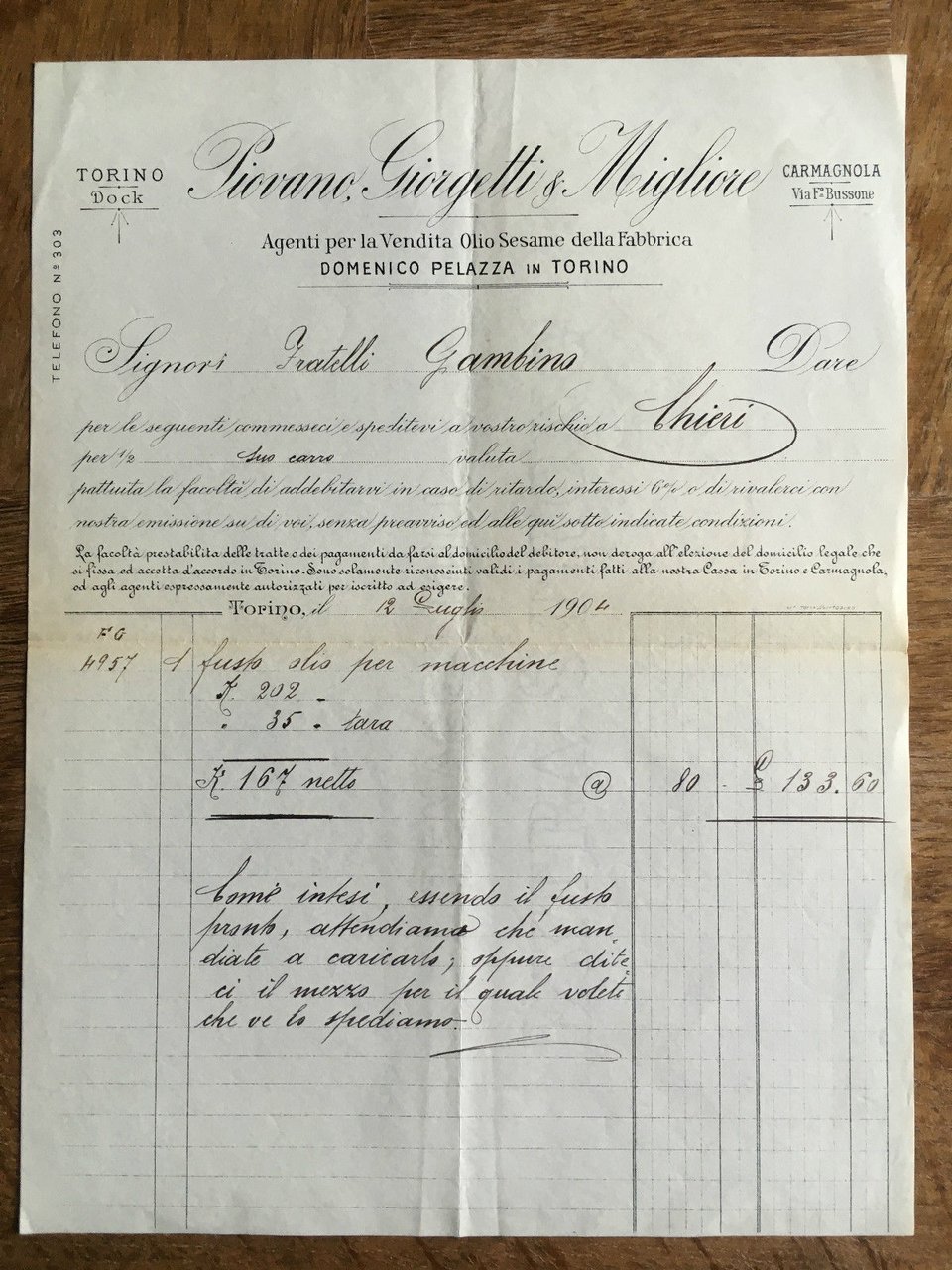 Lettera Commerciale Piovani Giorgetti &amp; Migliore Torino Carmagnola 1904 - …