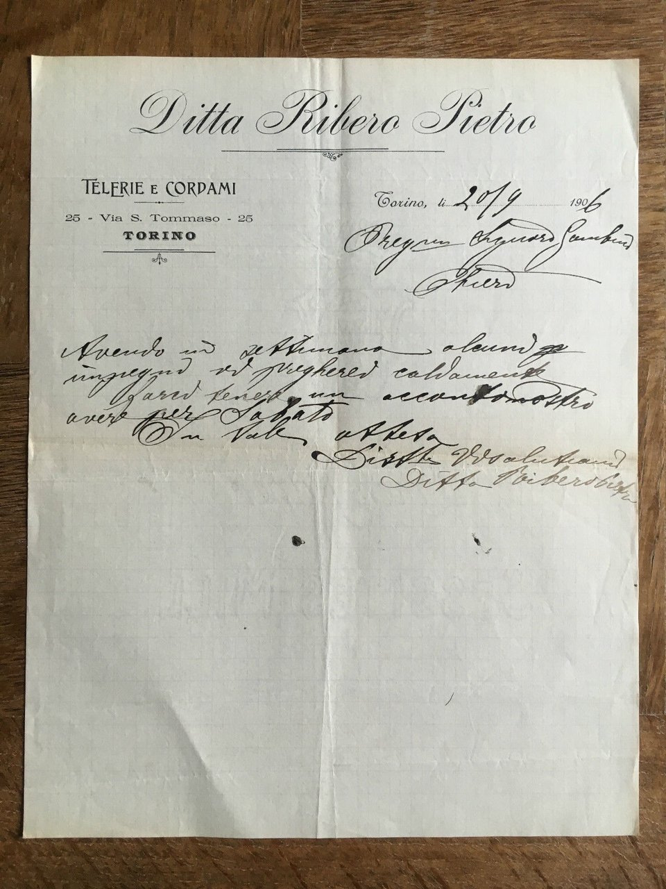 Lettera Commerciale Ribero Pietro Torino 1906 - E21940