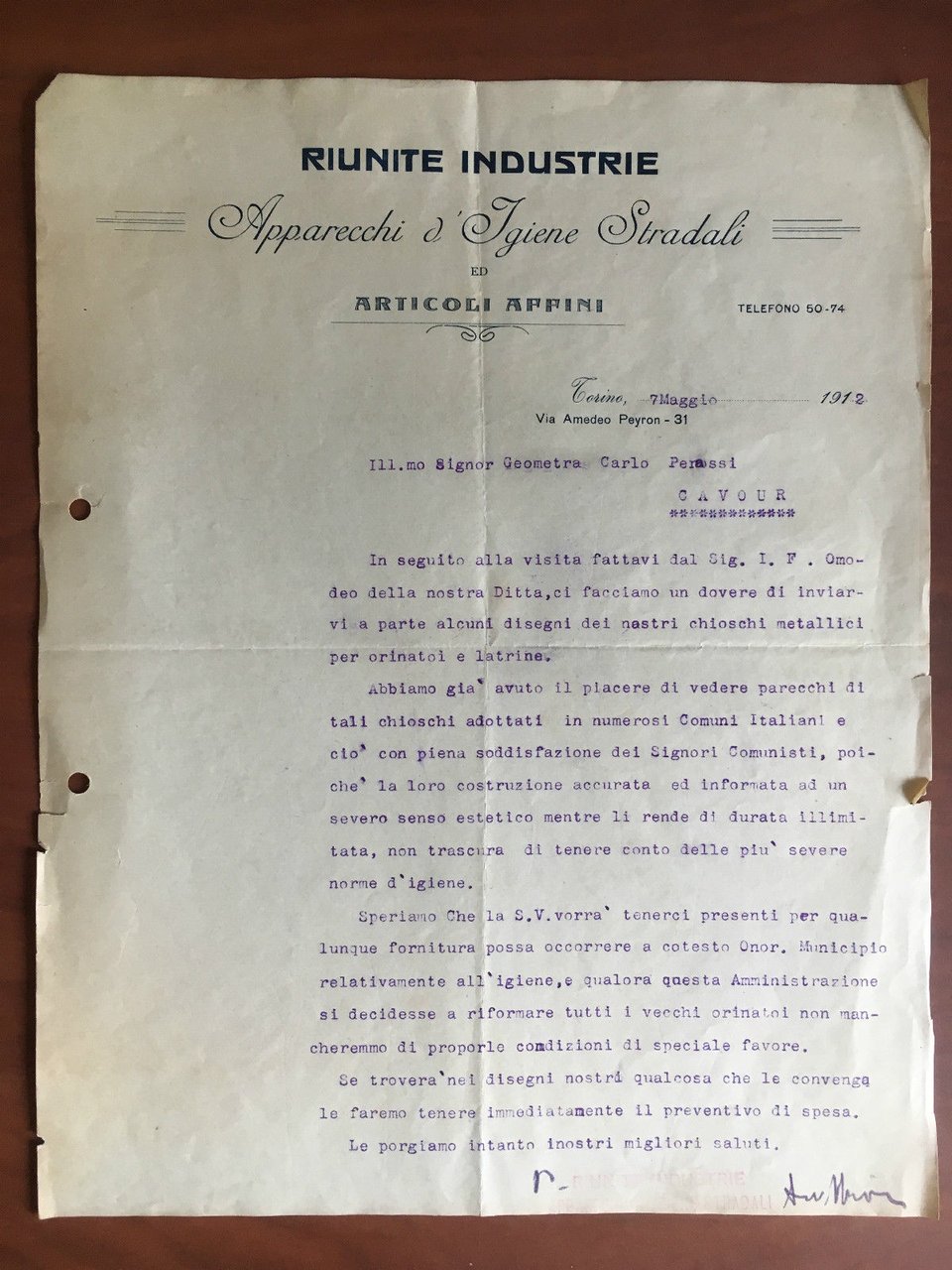 Lettera commerciale Riunite Industrie apparecchi igiene stradali 1912 - E22071