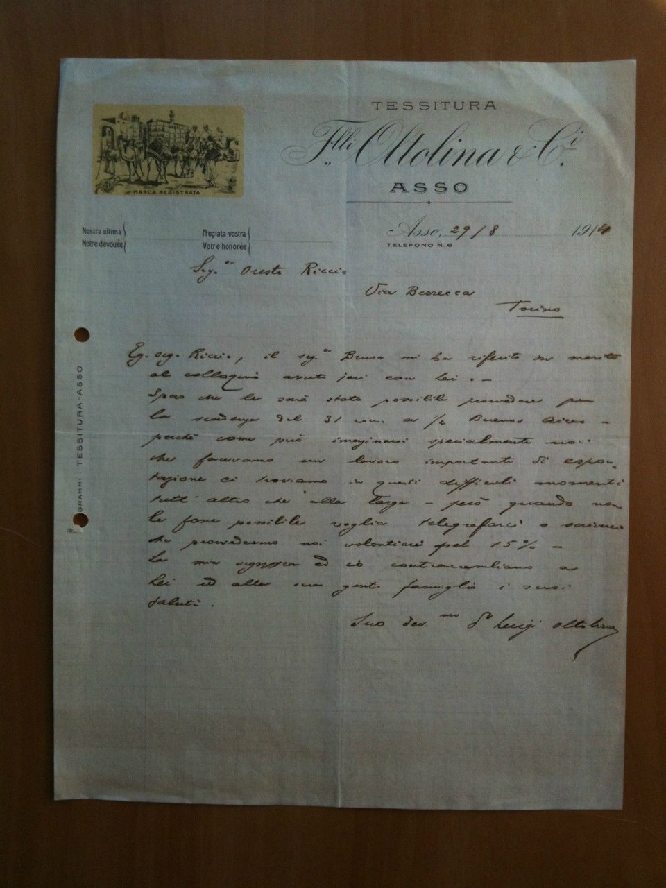 Lettera Commerciale Tessitura F.lli Oltolina &amp; C.i 1914 Asso