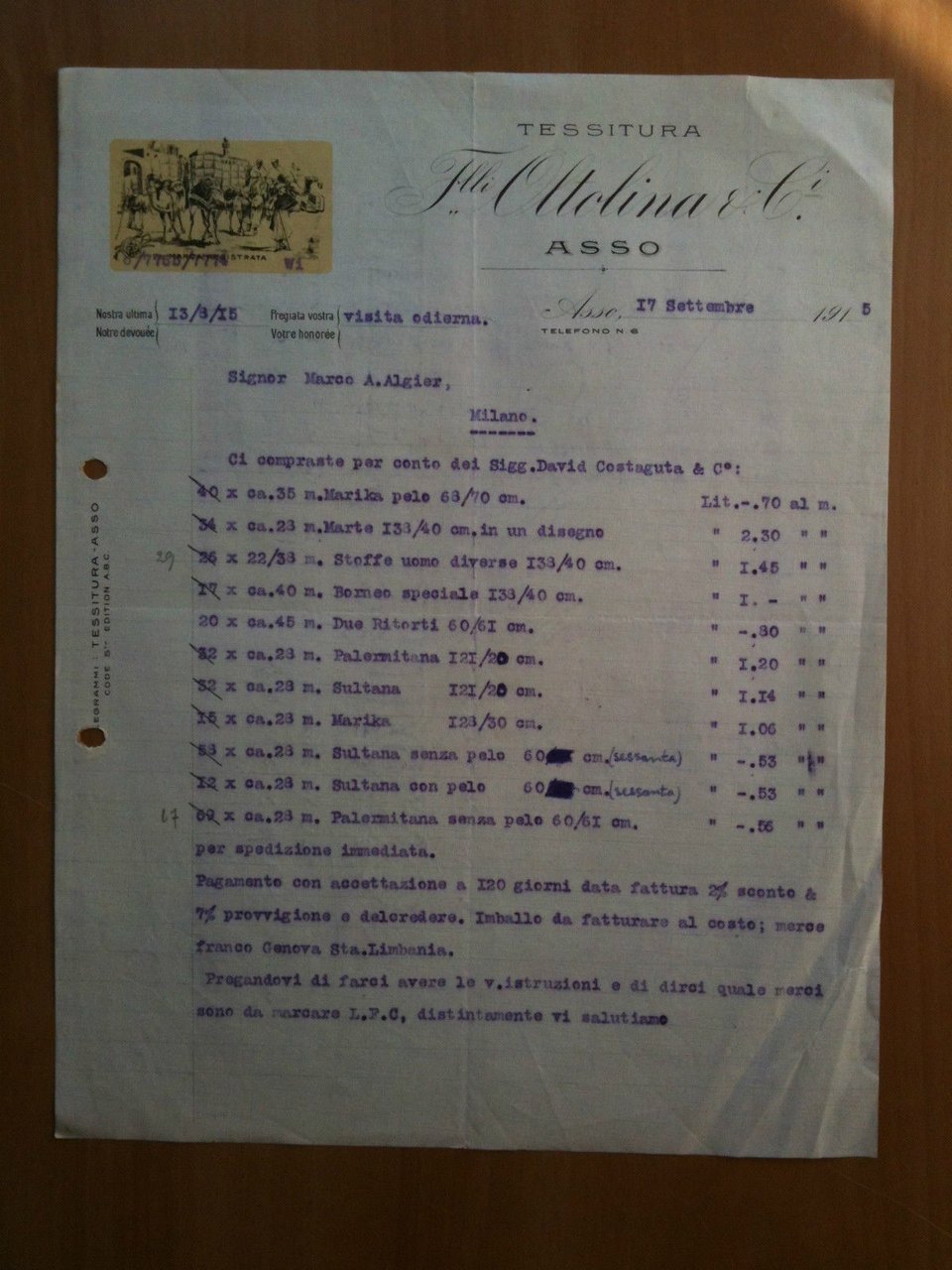 Lettera Commerciale Tessitura F.lli Oltolina &amp; C.i 1915 Asso | Immagine principale