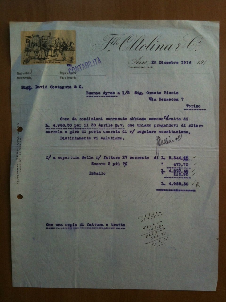 Lettera Commerciale Tessitura F.lli Oltolina &amp; C.i 1916 Asso