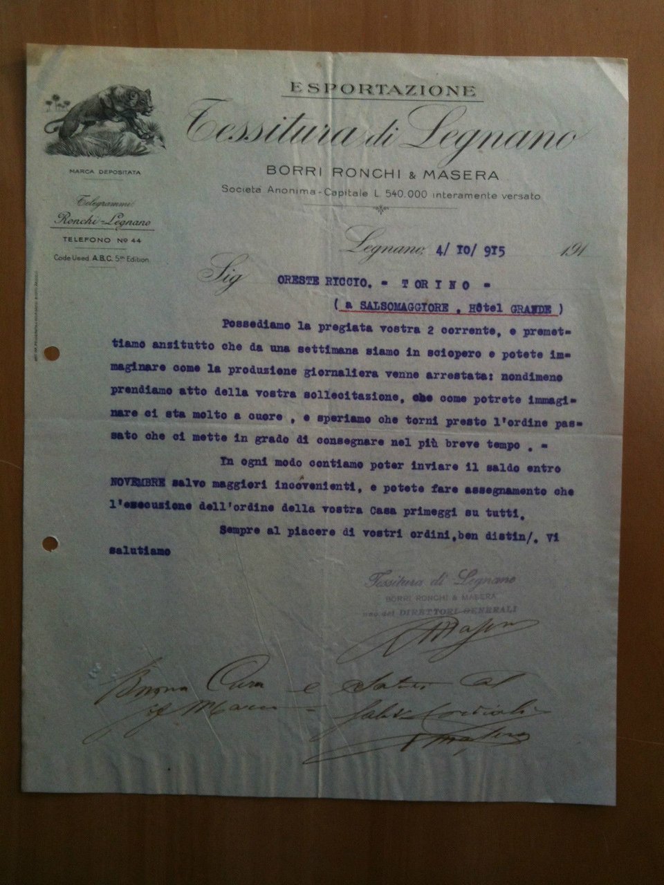 Lettera Commerciale Tessitura Legnano Esportazione Borri Ronchie &amp; Masera 1915