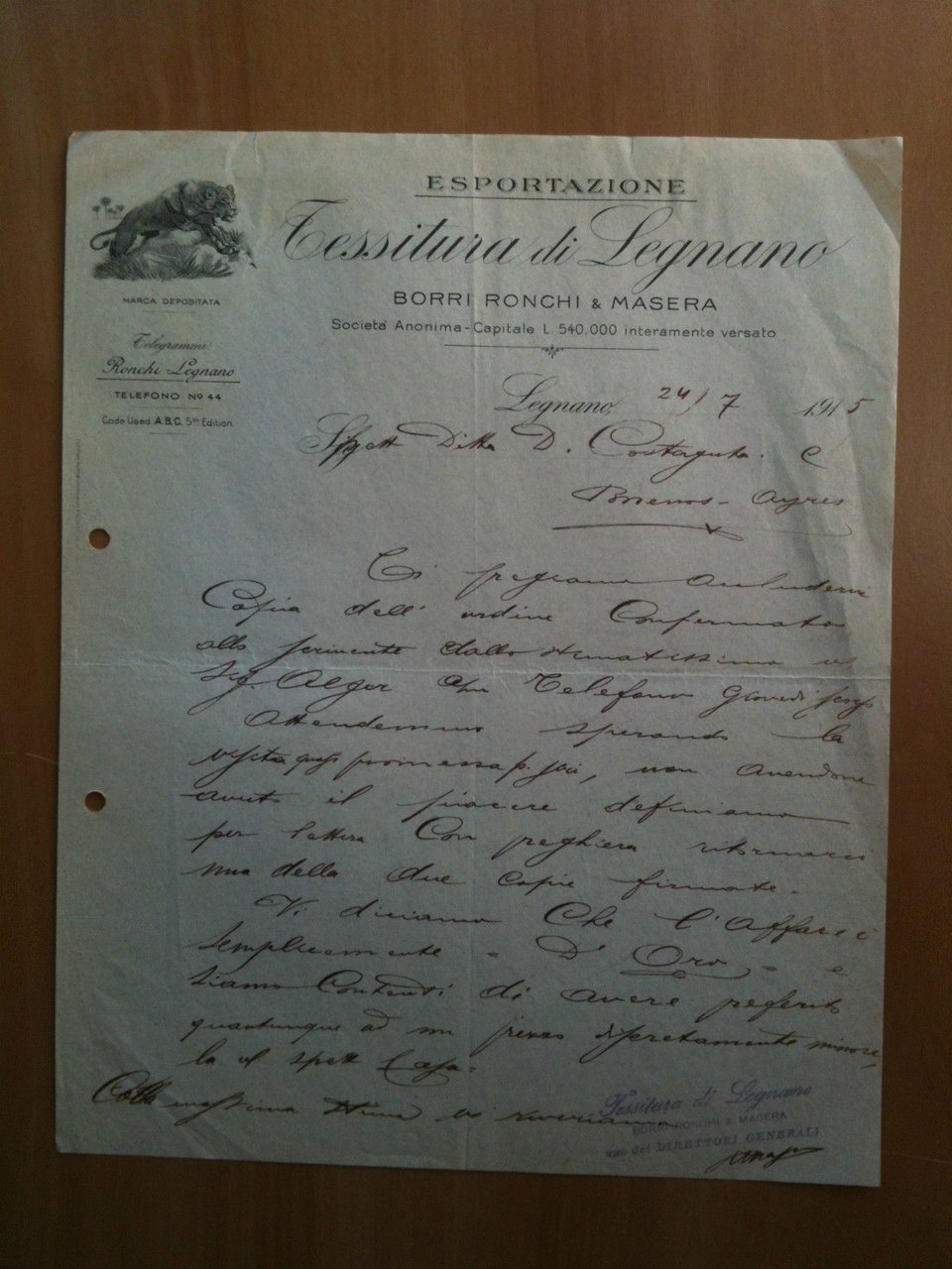 Lettera Commerciale Tessitura Legnano Esportazione Borri Ronchie &amp; Masera 1915