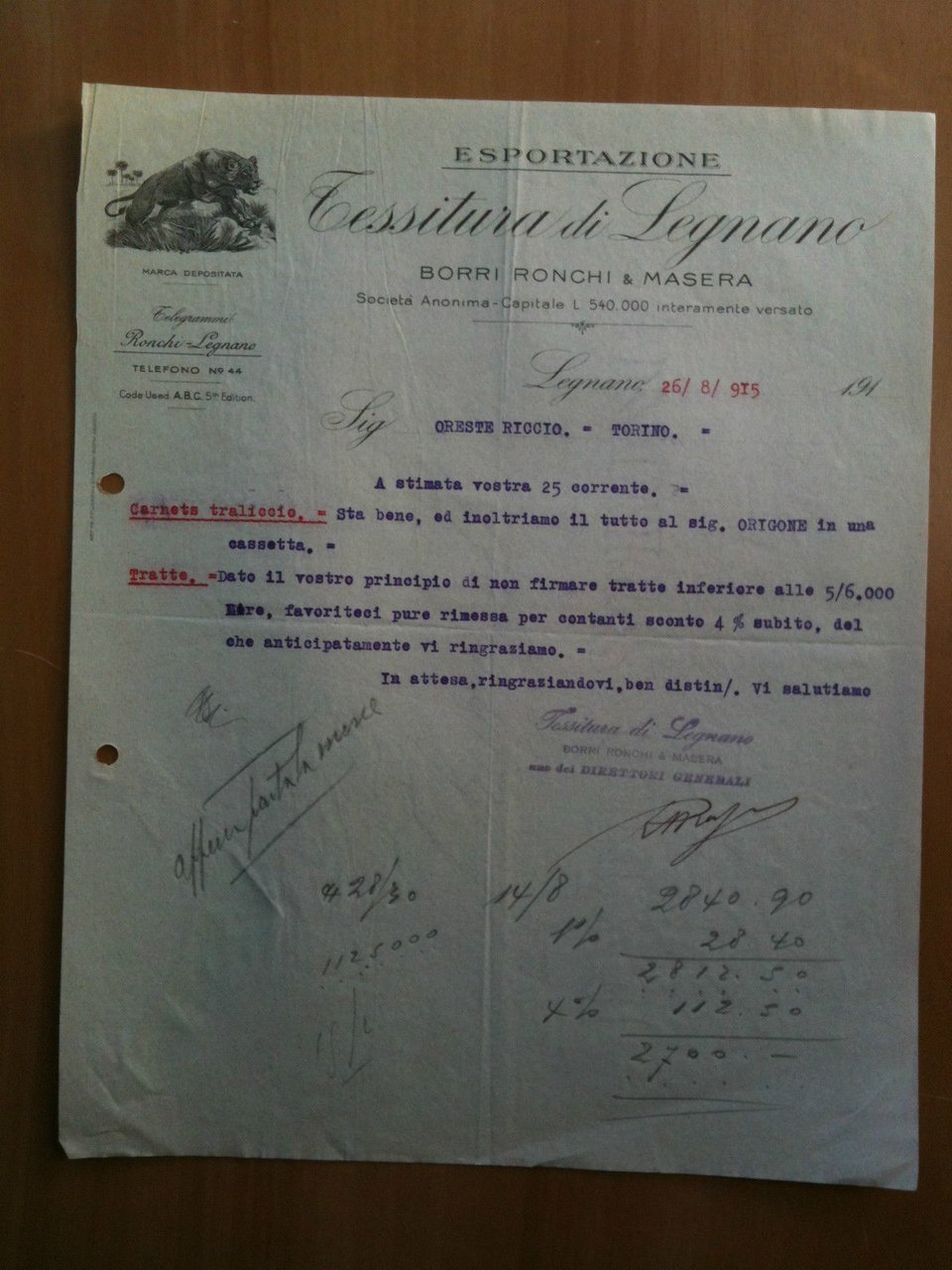 Lettera Commerciale Tessitura Legnano Esportazione Borri Ronchie &amp; Masera 1915