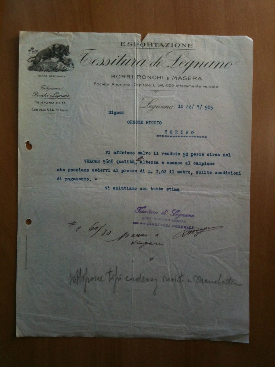 Lettera Commerciale Tessitura Legnano Esportazione Borri Ronchie &amp; Masera 1915