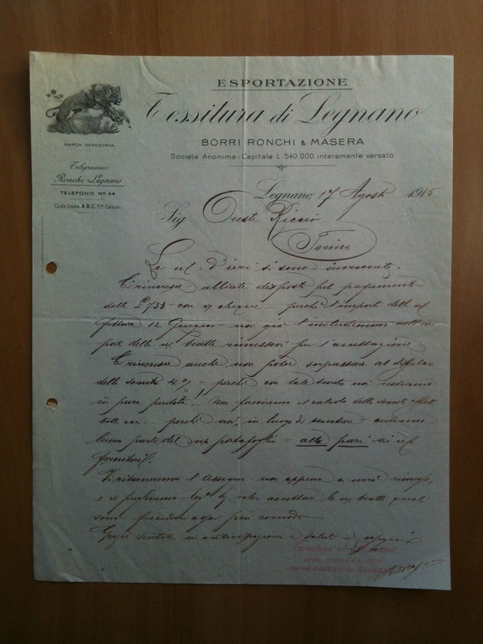 Lettera Commerciale Tessitura Legnano Esportazione Borri Ronchie &amp; Masera 1915