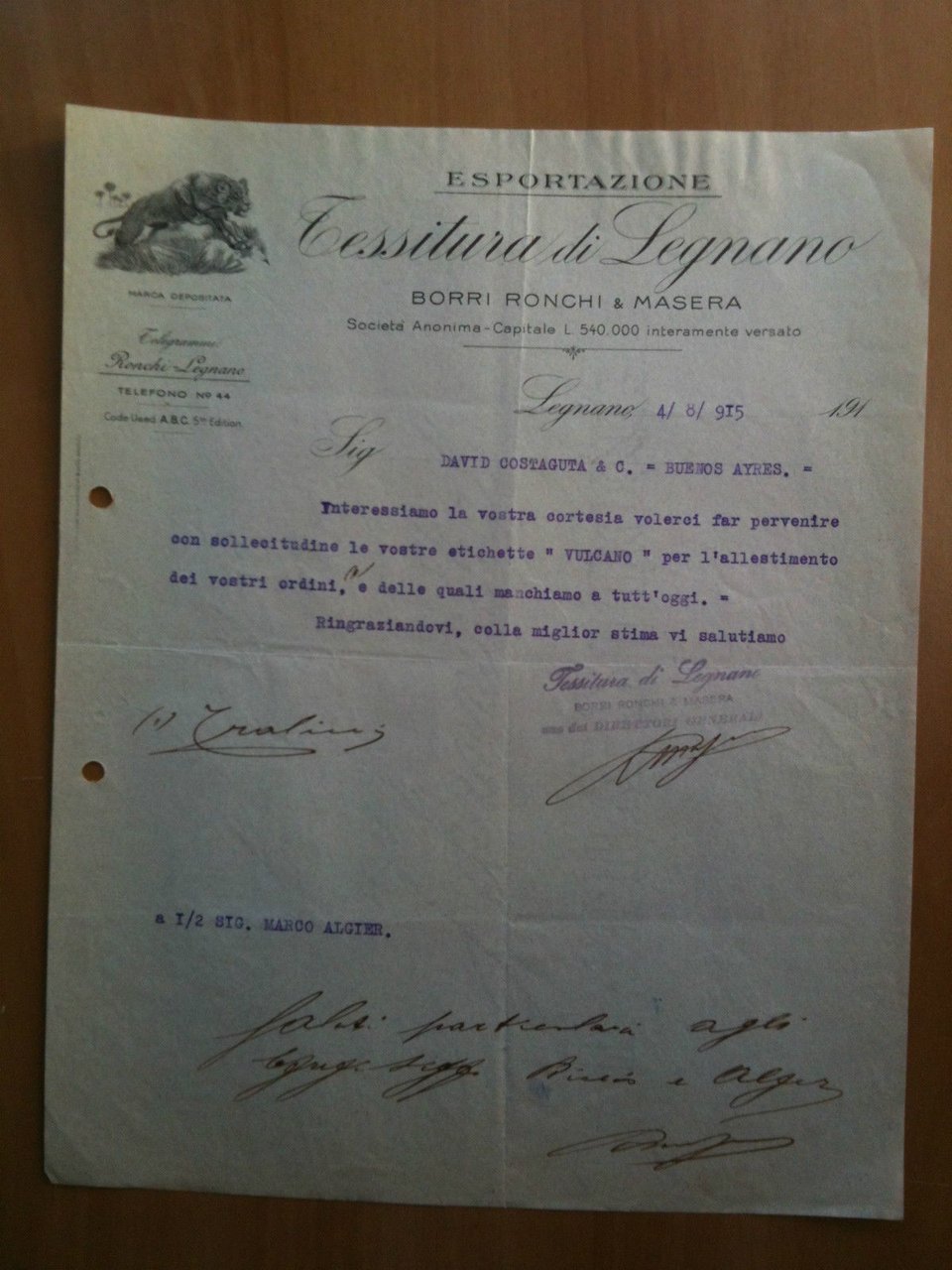 Lettera Commerciale Tessitura Legnano Esportazione Borri Ronchie &amp; Masera 1915