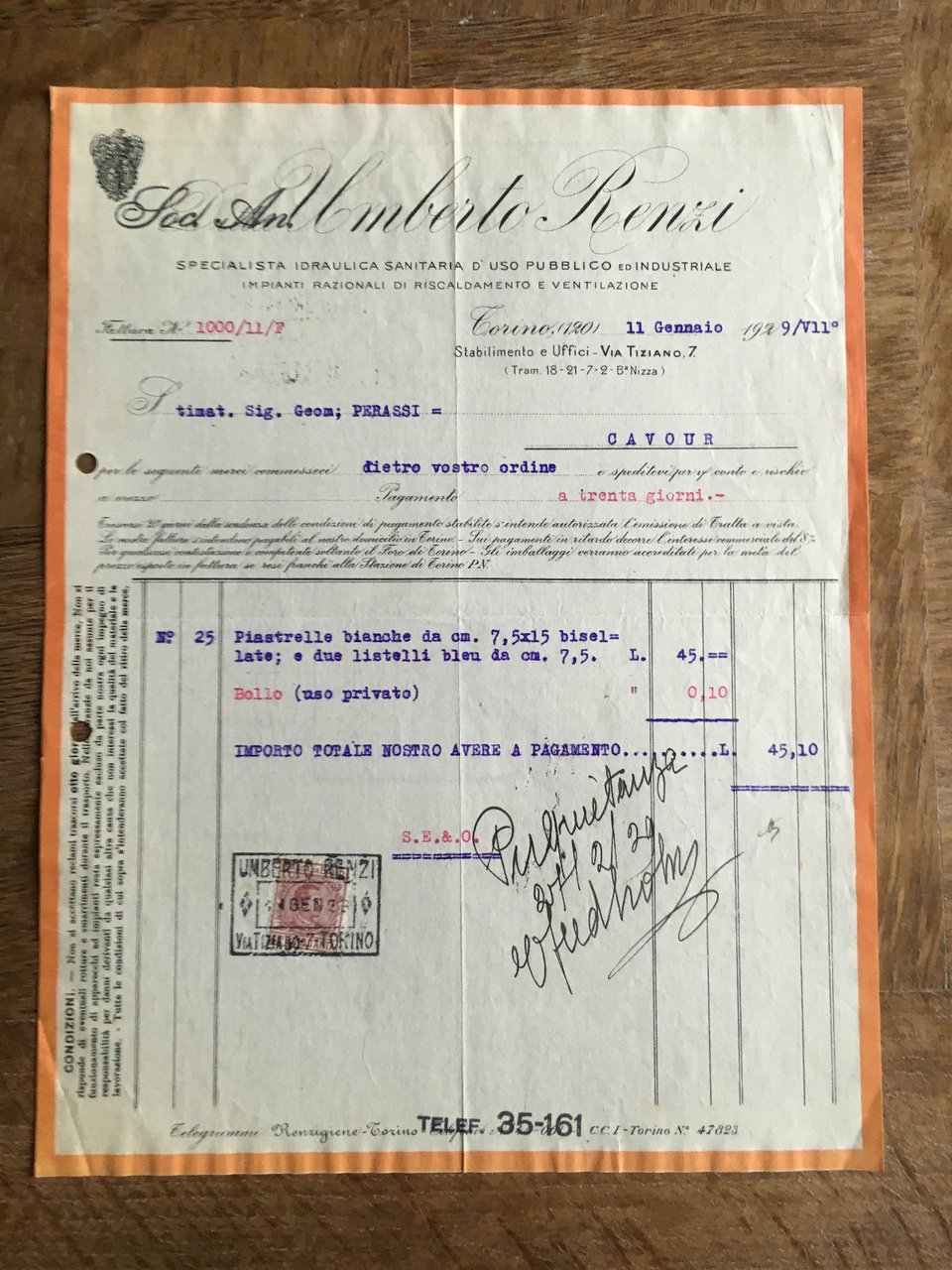 Lettera Commerciale Umberto Renzi idraulica Torino 1929 - E21947