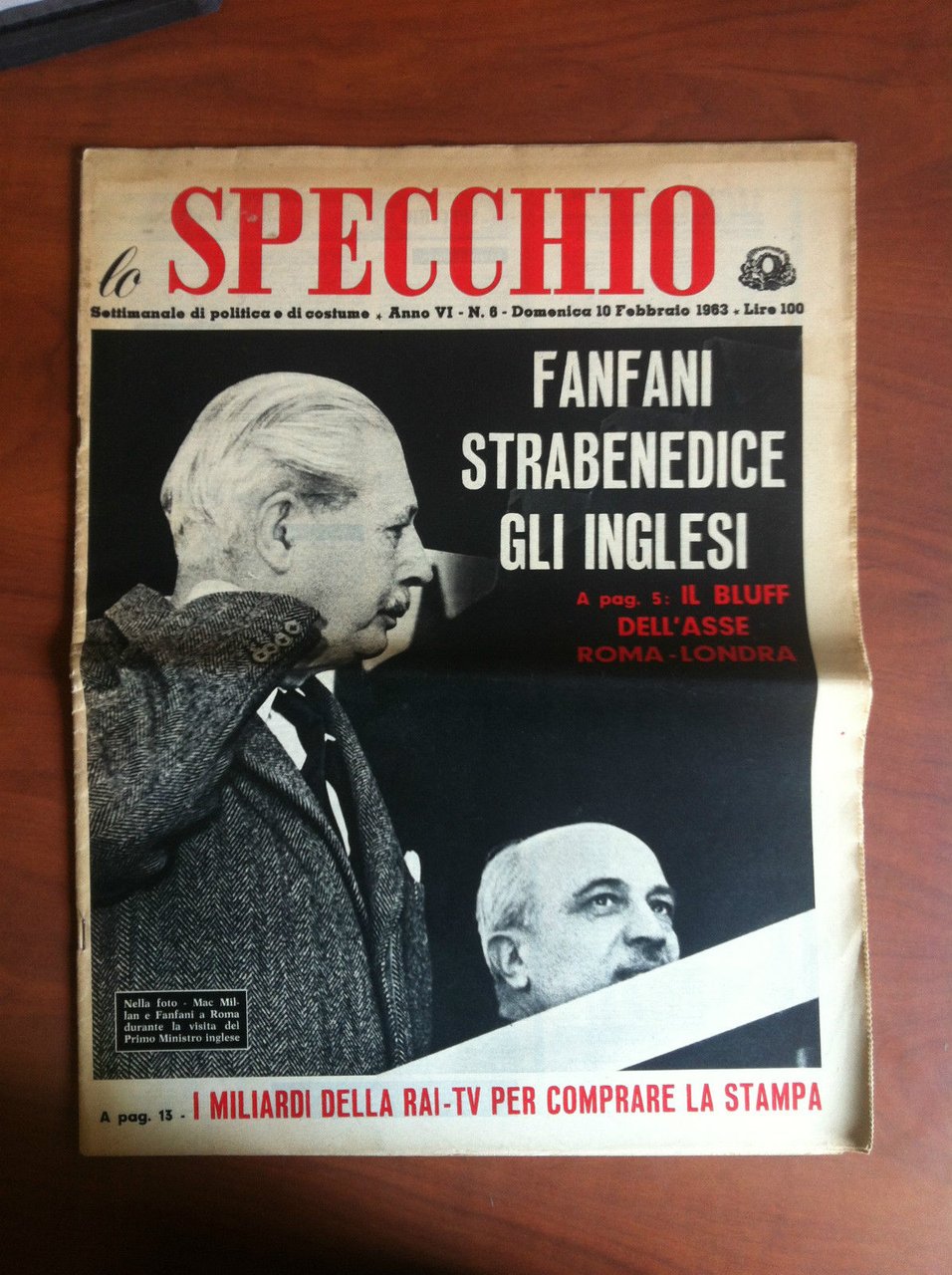 lo Specchio Anno VI n^ 6 Dom.10 Febbraio 1963 Cover: …