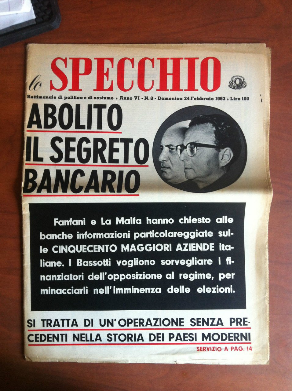 lo Specchio Anno VI n^ 8 Dom.24 Febbraio 1963 Cover: …
