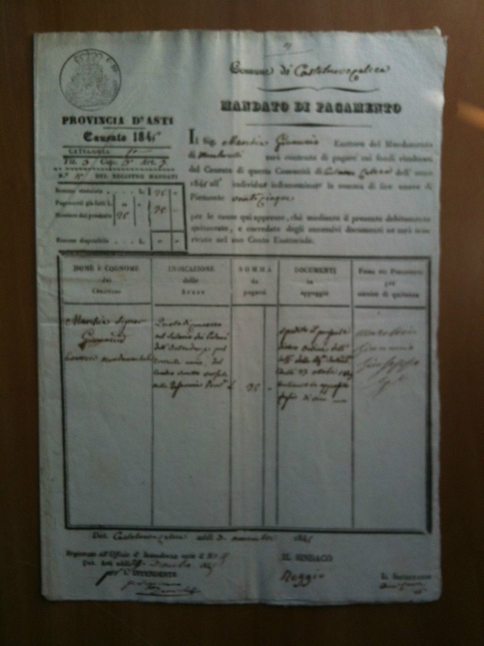 Mandato di pagamento originale 1845 Castelnovo Calcea provincia di Asti …
