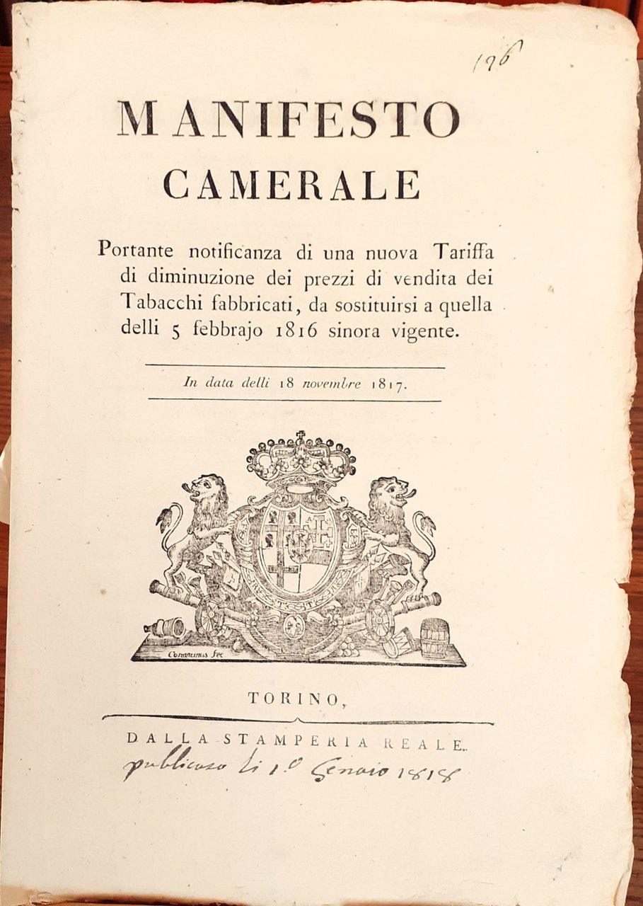 Manifesto Camerale nuovi prezzi Tabacchi 18 novembre 1817