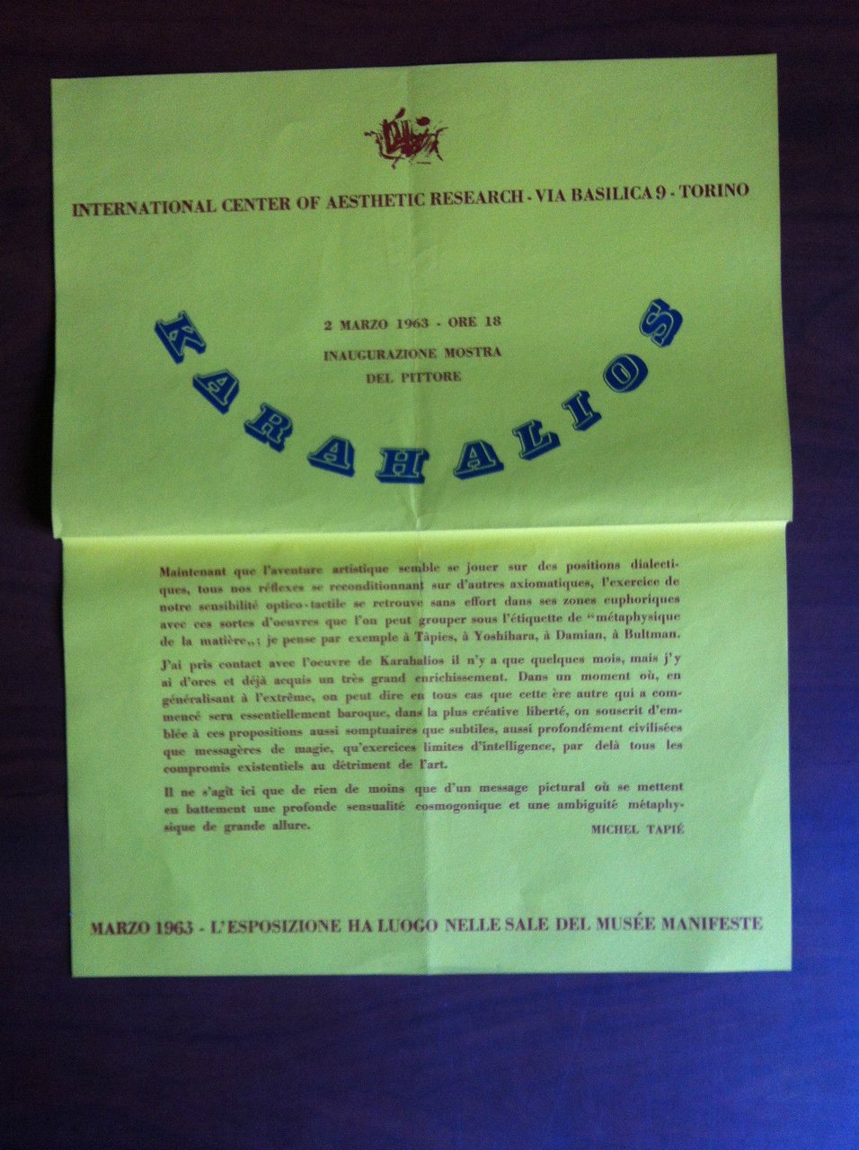 Manifesto dell'esposizione di Costantin Karahalios Marzo 1963 Torino - E11018