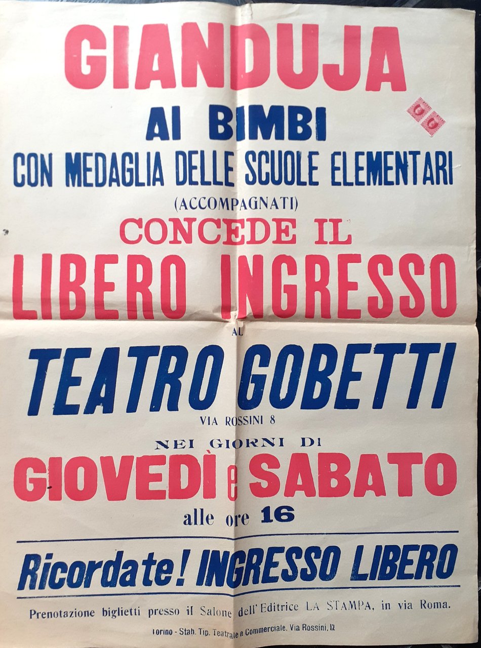 Manifesto Gianduja ai bimbi Teatro Gobetti Torino anni '40