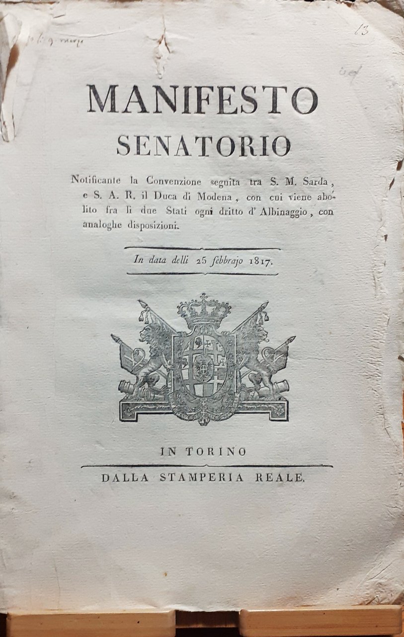 Manifesto Senatorio Abolizione diritto di Albinaggio Torino 1817