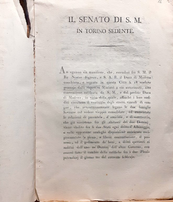 Manifesto Senatorio Abolizione diritto di Albinaggio Torino 1817