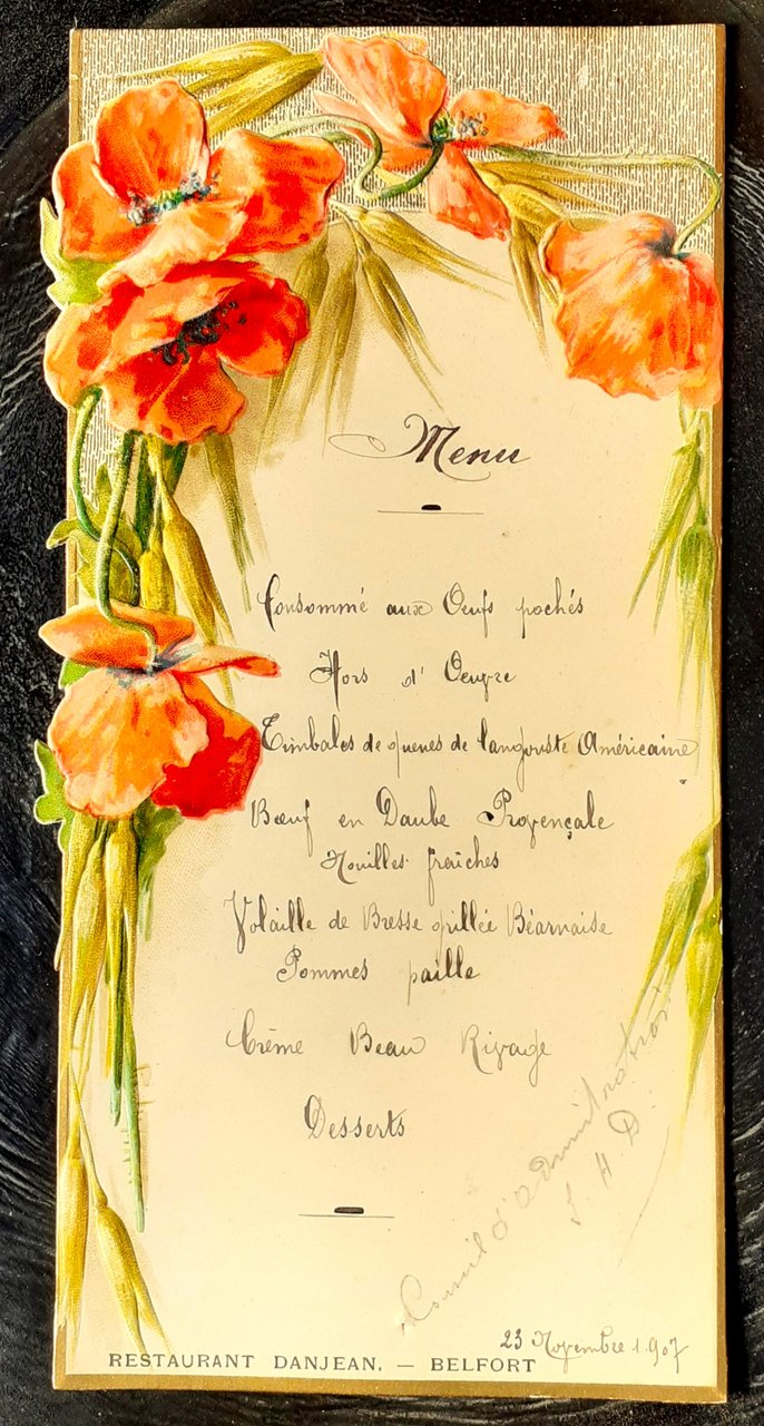 Menù originale Restaurant Danjean - Belfort 1907