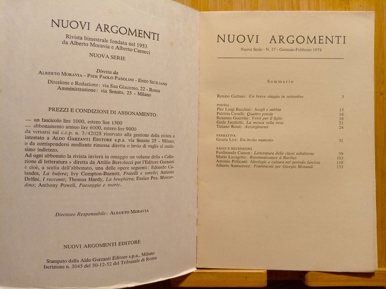 Nuovi Argomenti. Rivista bimestrale (Nuova Serie, 37, gennaio-febbraio 1974)