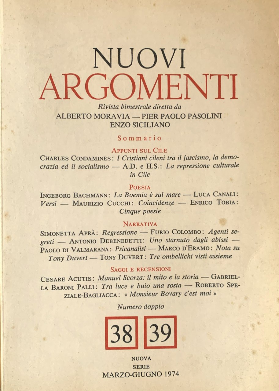 Nuovi Argomenti. Rivista bimestrale (Nuova Serie, 38-39, marzo-giugno1974)
