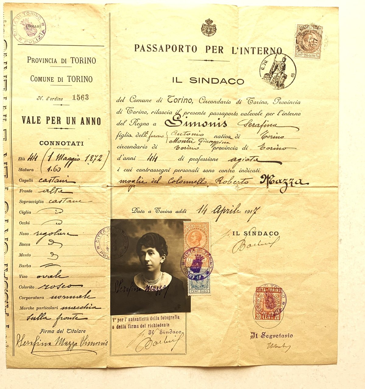 Passaporto per l'interno valevole per un anno - Torino 1917 | Immagine principale