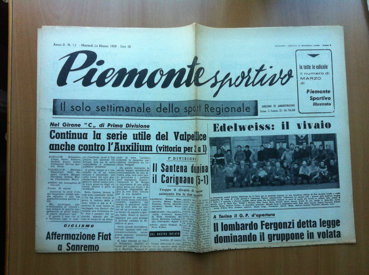 Piemonte Sportivo Anno II n^ 12 Martedì 24 Marzo 1959 …