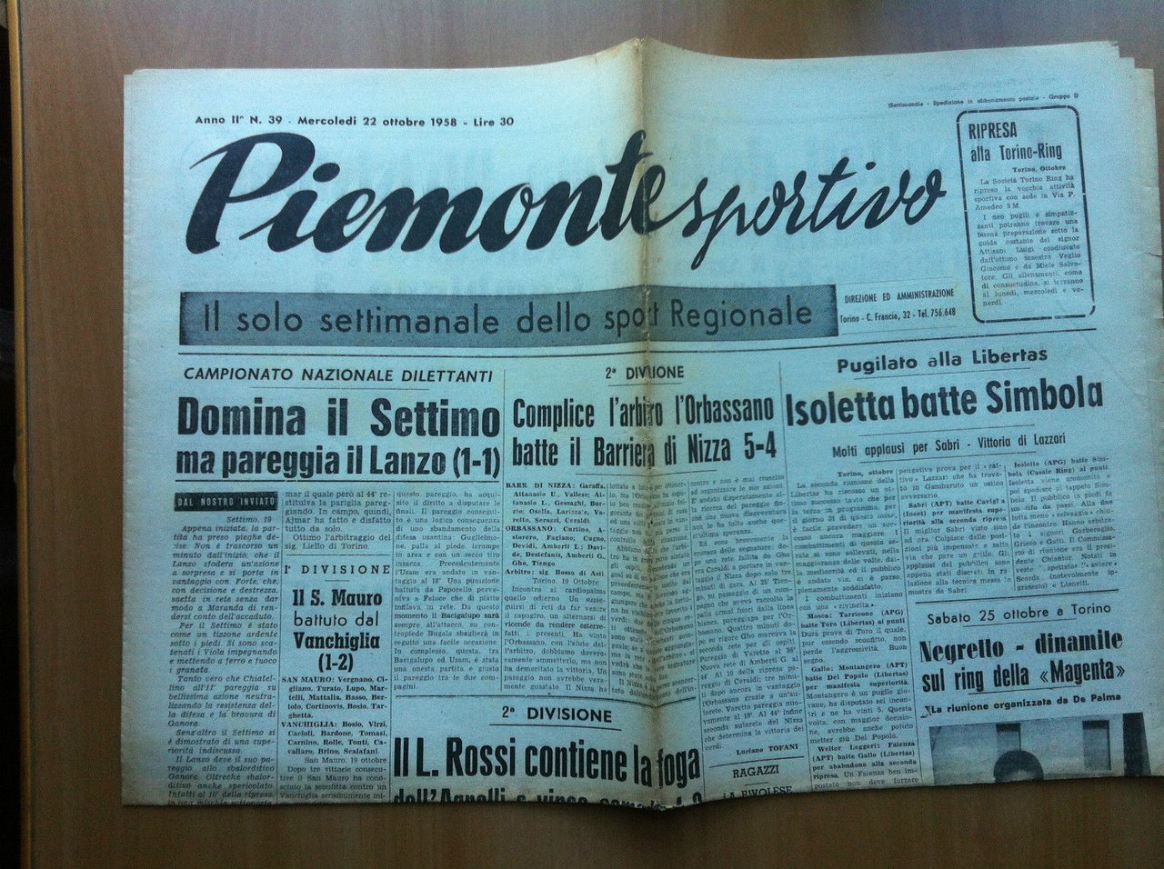 Piemonte Sportivo Anno II n^ 39 Mercoledì 22 Ottobre 1958 …