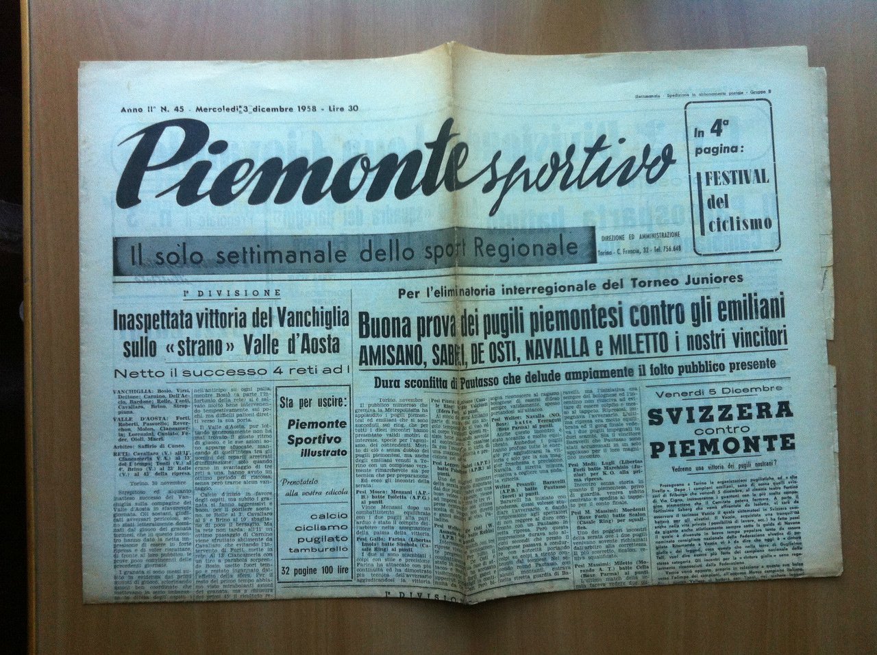 Piemonte Sportivo Anno II n^ 45 Mercoledì 3 Dicembre 1958 …