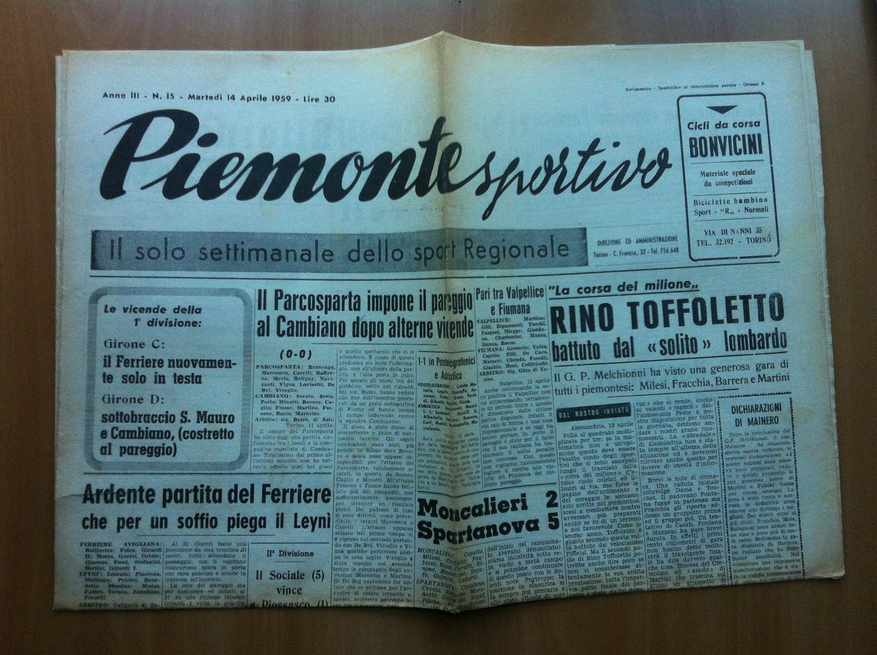 Piemonte Sportivo Anno III n^ 15 Martedì 15 Aprile 1959 …