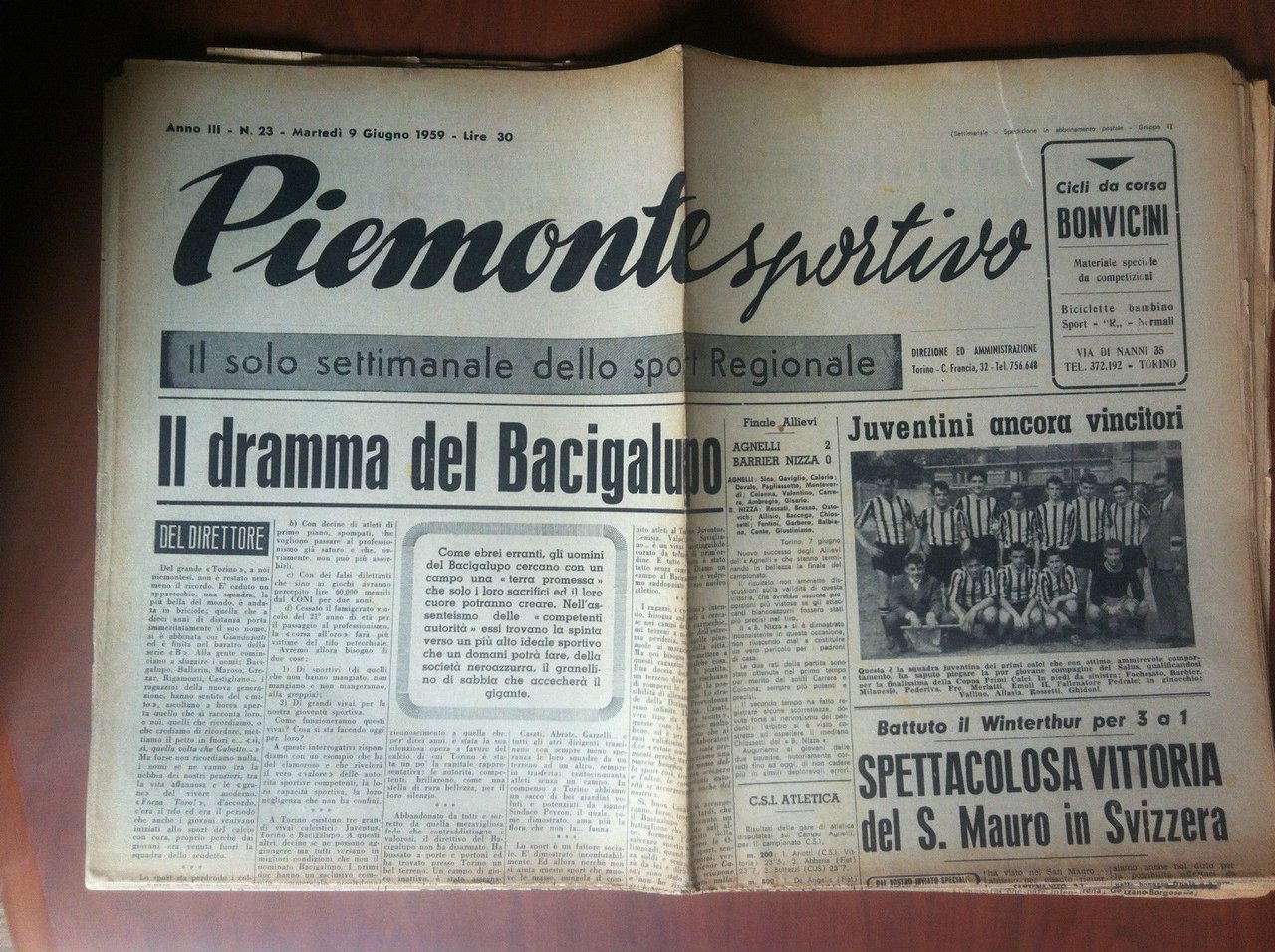 Piemonte Sportivo Anno III n^ 23 Martedì 9 Giugno 1959 …