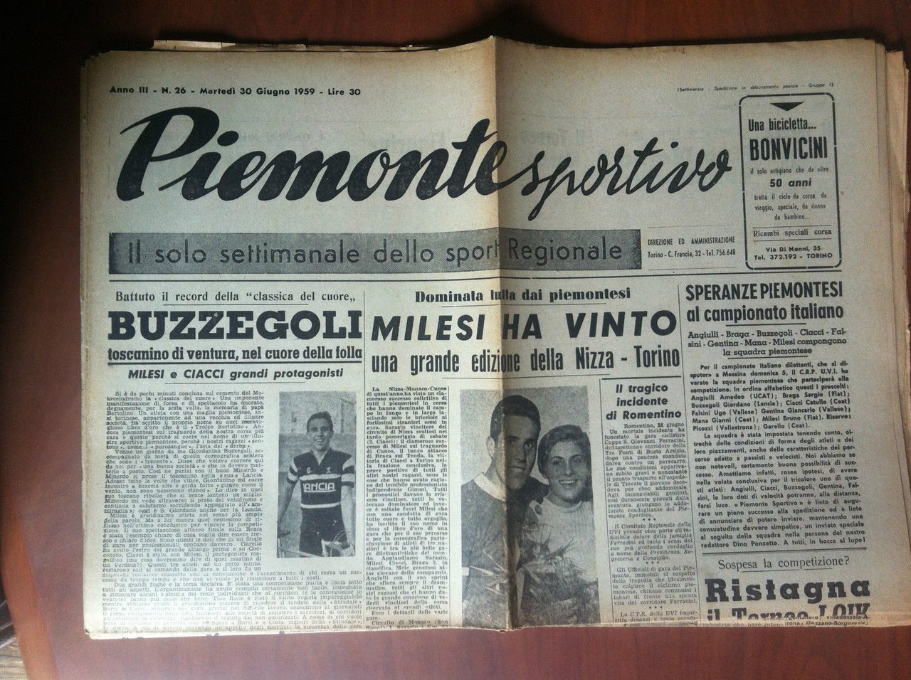 Piemonte Sportivo Anno III n^ 26 Martedì 30 Giugno 1959 …