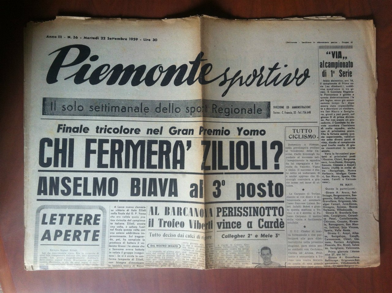 Piemonte Sportivo Anno III n^ 36 Martedì 22 Settembre 1959 …