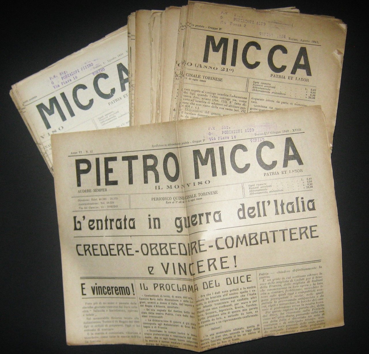 Pietro Micca quindicinale dopolavorista lotto 1938 a 1943
