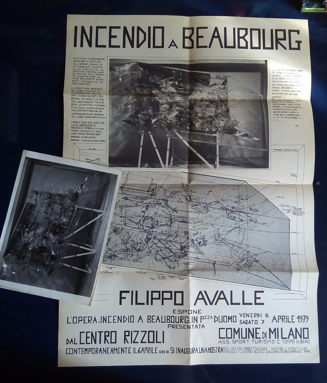 Poster Filippo Avalle incendio a Beaubourg con foto originale 1979