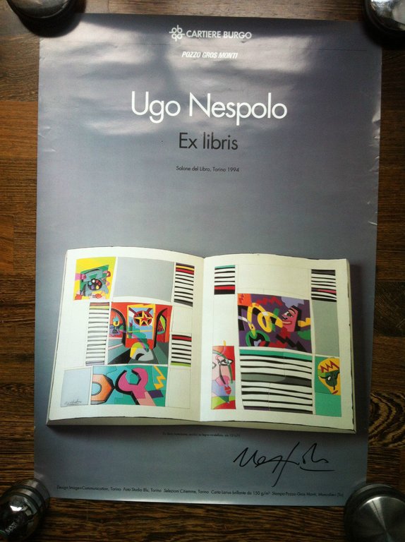 Poster originale di Ugo Nespolo Ex libris 1994 con firma autografa - P154